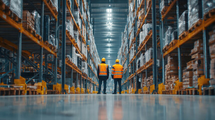 Two employees in reflective safety vests and helmets walk down an aisle in a huge warehouse, surrounded by tall shelves of goods. They are working in the logistics and distribution industry