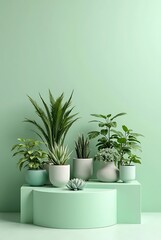 Collection of various green houseplants in white pots on a mint green pedestal against a mint green wall