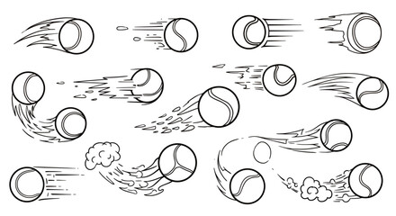 Set of vector tennis ball illustrations depicting various motion trails, perfect for sports-themed designs, animation, or game development projects, showcasing dynamic movement.