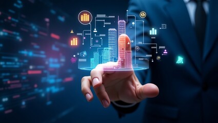 Businessman interacting with futuristic digital cityscape interface