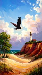 an eagle is flying above the ocean with clouds over a lighthouse and trees on sand dunes
