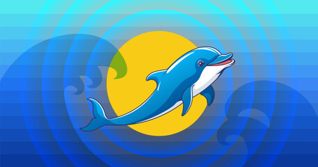 Vector cute cartoon smiling beautiful dolphin. Bright sun, transparent stylistic sea waves. Marine toon friendly animal. Oceanic cheerful smart mammal. Dolphinarium. Underwater beautiful fauna