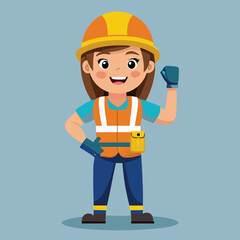 Enthusiastic Female Construction Worker Ready for the Job A Cheerful and Confident Cartoon Illustration for Building and Safety