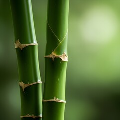 Obraz premium Green bamboo stalks with natural joints and segments against soft blurred background creating zen-like peaceful natural environment for wellness themes.