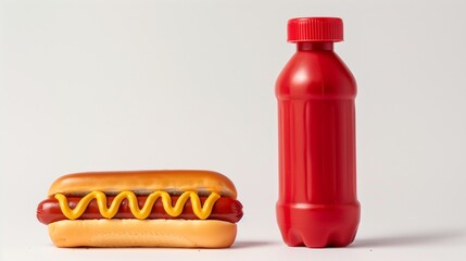 toy plastic bottle of ketchup and hotdog on white background