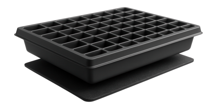 Seedling tray with a capillary mat, ensuring even water distribution in a private home nursery.