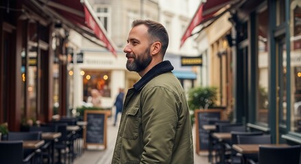 Obraz premium Stylish bearded man in a green jacket strolling down a charming European city alley lined with shops and cafes.