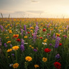 Obraz premium Vibrant Wildflower Meadow at Sunset