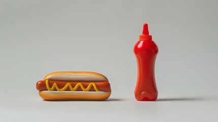 toy plastic bottle of ketchup and hotdog on white background