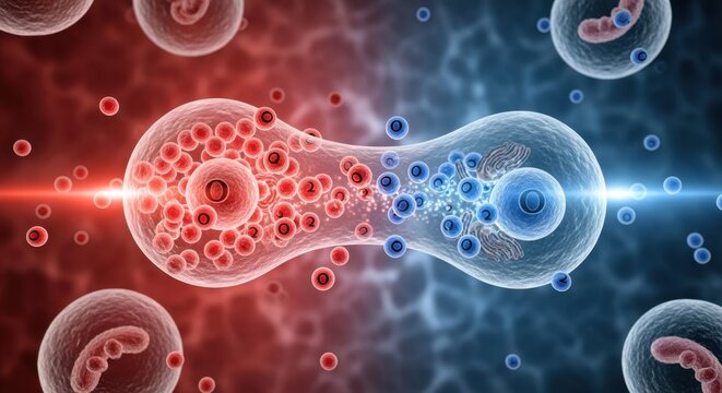 A striking conceptual illustration of adaptable biological cells simultaneously absorbing and releasing oxygen in a dynamic dualenvironment setting visualizing advanced cellular
