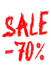 Vibrant red lettering on a transparent background announcing a 70% discount, great for advertising discounts, sales, promotional campaigns with an impactful and attention-grabbing design.