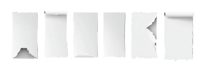 Blank paper sticker set on white background shows peeling edges. Each isolated label features torn and curled corners. Ideal for design mockups, branding, and packaging visuals.
