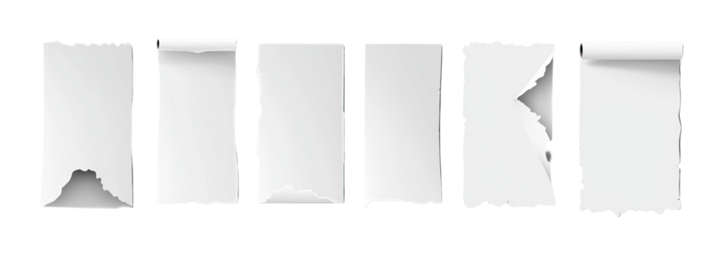 Blank paper sticker set on white background shows peeling edges. Each isolated label features torn and curled corners. Ideal for design mockups, branding, and packaging visuals.