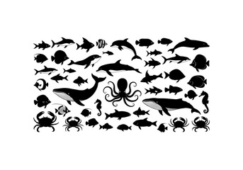 set of 50 sea animal silhouettes png 