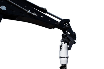 Hydraulic hammer isolated on white background. Destruction of concrete and hard rock. Hydraulic breaker excavator attachments. Rock breaker machine parts