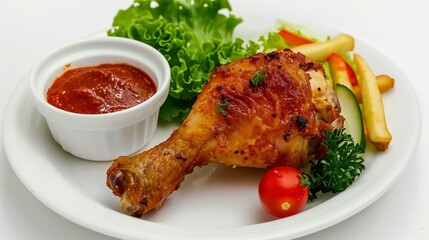 toy plastic fried chicken leg with side dish on white background