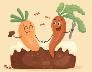 Two cartoon carrots sitting on a carrot cake and eating it. Funny illustrations of vegetable characters