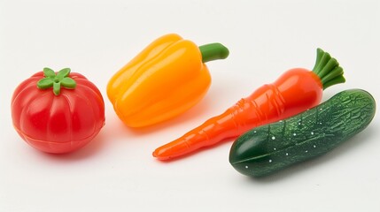 toy plastic vegetables including carrot tomato and cucumber on white background