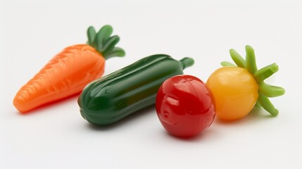toy plastic vegetables including carrot tomato and cucumber on white background