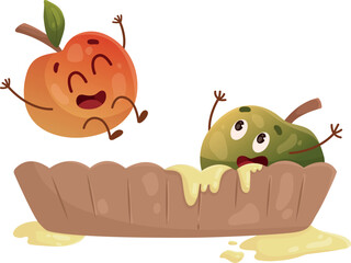 Red apple jumping into the mold with dough and laughing, green apple sitting in the mold and laughing. Illustration of funny fruit characters
