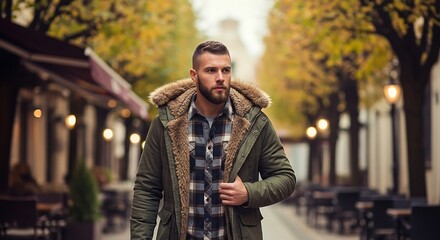 Stylish young man with a beard wearing a warm parka jacket walking on a city street in autumn.