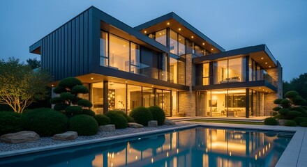 Elegant Modern Home at Twilight Reflecting in the Poolside Water Luxurious Design and Beautiful Outdoor Lighting