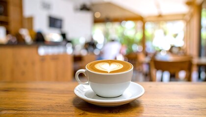 Cup of cappuccino topped with beautiful latte art, served on a wooden café table with a softly blurred background of a cozy coffee shop.