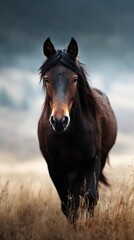 Majestic brown horse gallops through golden grassland during misty dawn moments in serene countryside