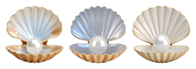Three elegant open clam shells, each containing a lustrous pearl, are arranged side by side, isolated on transparent background.