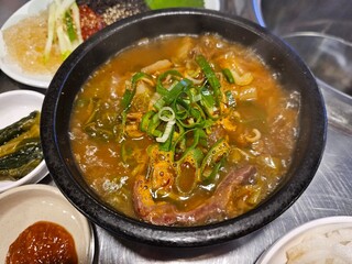 Korean Seonji Haejang-guk (Ox Blood Hangover Soup) in a Hot Stone Bowl