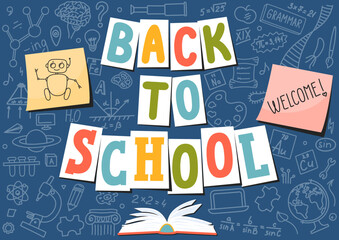 Back to school. Welcome. Hand drawn lettering with school subject doodle.