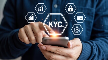 Person uses smartphone for know your customer kyc verification and financial services