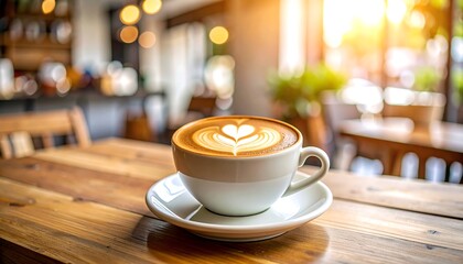 Cup of cappuccino topped with beautiful latte art, served on a wooden café table with a softly blurred background of a cozy coffee shop.