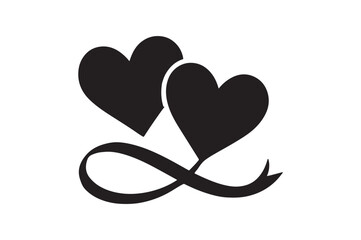 Two hearts connected by ribbon silhouette vector art illustration on white background