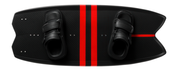 Wide wakeboard with a swallowtail design and bold red stripes