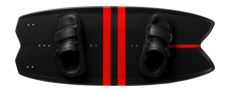 Wide wakeboard with a swallowtail design and bold red stripes