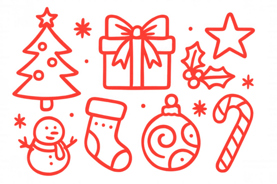 Red christmas icons artfully displayed against transparent backdrop, highlighting seasonal festive symbols and decorative elements - Powered by Adobe