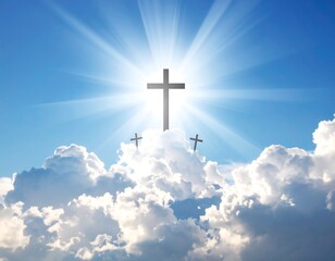 Crosses in radiant sky above clouds