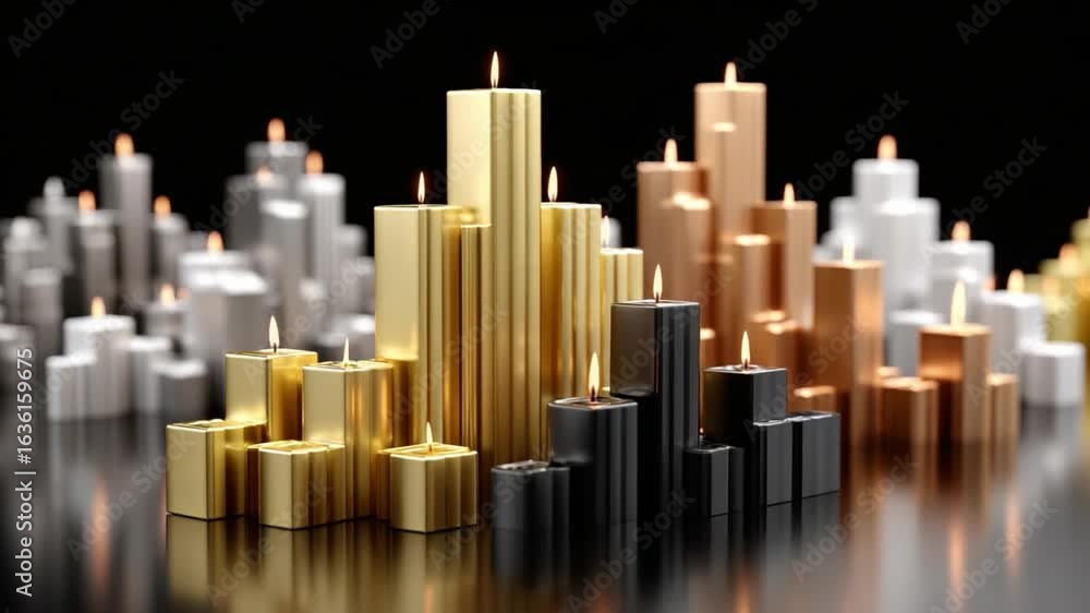 Poster luminous geometric candles: an array of sleek, geometric candles cast a warm glow in an abstract, so