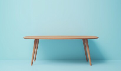 Fototapeta premium Minimalist wooden oval table on a blue background showcasing Scandinavian and mid-century modern interior design styles for a clean and timeless aesthetic