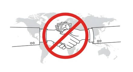 International Anti-Corruption Day Global anti-corruption concept with a prohibited handshake and money. Vector illustration of stopping bribery and illegal deals.