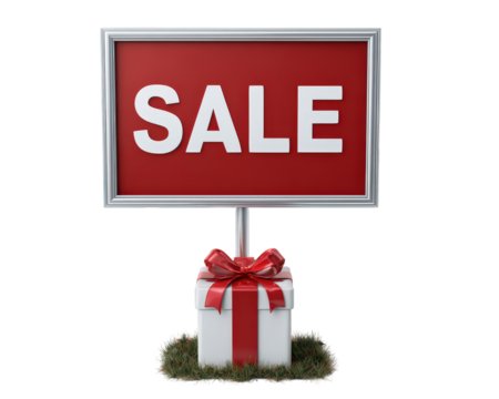 Sale sign red background white text gift box ribbon grass outdoor promotion discount festive cheerful. red sale sign with bold white letters stands post anchored white gift box with shiny red