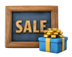 Sale sign wooden frame chalkboard blue gift box yellow ribbon present discount promotion festive cheerful