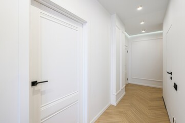 bright hallway with white walls and doors.  A herringbone wood floor is the main accent. Black...