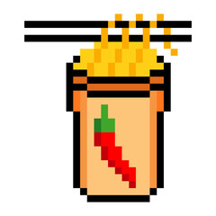 Instant noodles in a cup with chopsticks in pixel art isolated on a white background