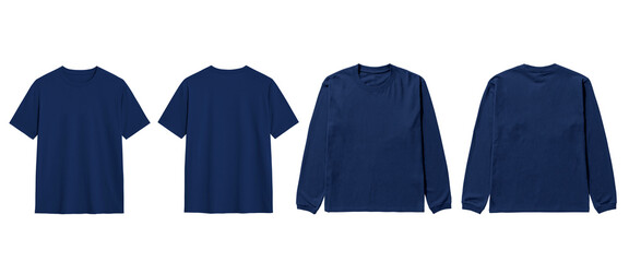 Mockup shows four views of navy blue shirts short and long sleeved.