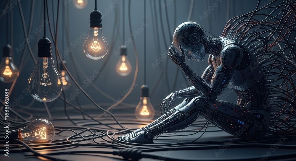 Aufkleber a surreal conceptual illustration of an artificial intelligence robot deep in thought surrounded by 
