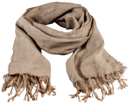 Beige scarf with torn ends and faded texture, soft woven fabric, cozy and casual accessory for autumn or winter, rustic and comfortable style