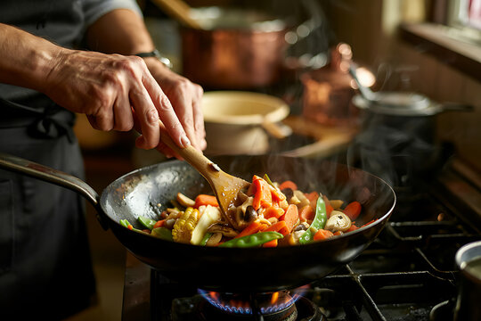 Chef stirring vegetables in a wok on a gas stove