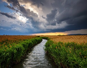 Obraz premium Canal through golden field, storm clouds
